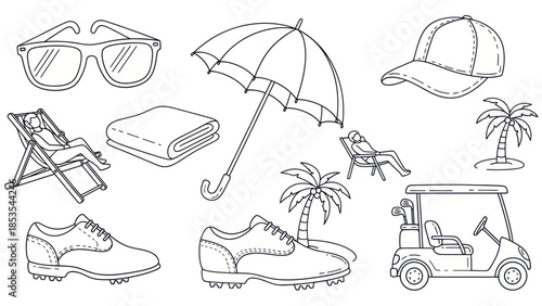 Outlined summer leisure and golfing elements in a white background