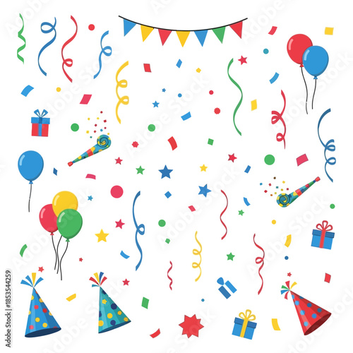 Vibrant party celebration with colorful confetti and balloons