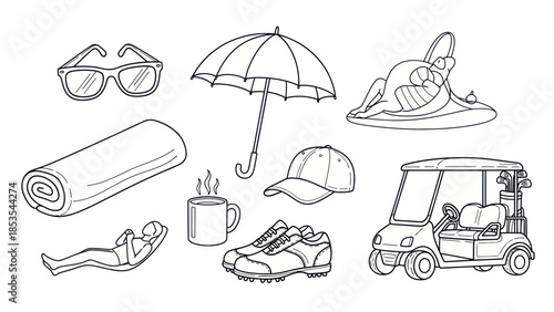 Outlined vacation elements sunglasses umbrella beach items golf cart illustration