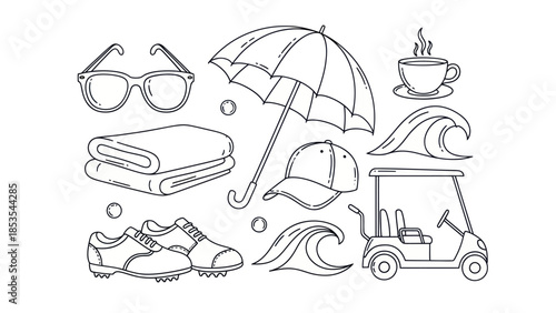 Outlined summer objects sunglasses umbrella golf cart waves towel cap