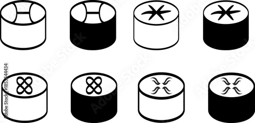 Eight black and white dim sum steamer basket icons displayed in a grid format