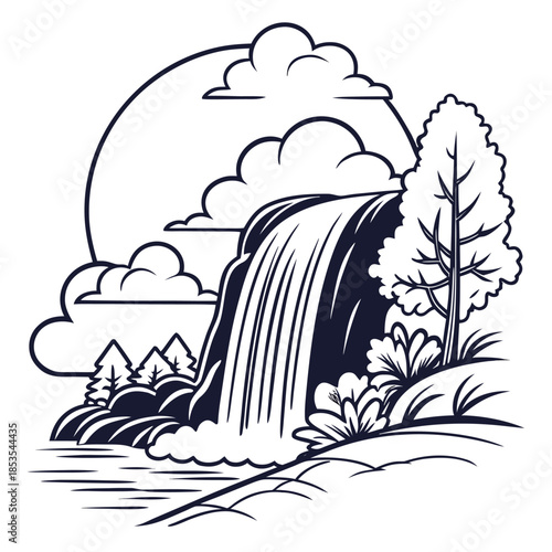 A simple sketch depicts a cascading waterfall and fluffy cloud icon