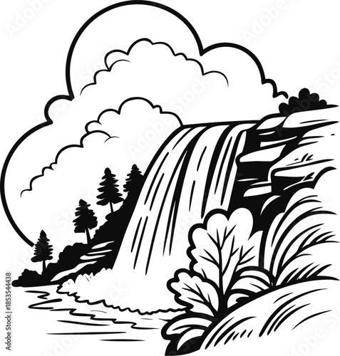 A simple sketch depicting a waterfall and surrounding cloud formation