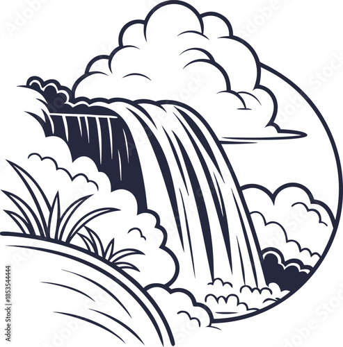 A simple sketch depicts a waterfall cascading under a large cloud