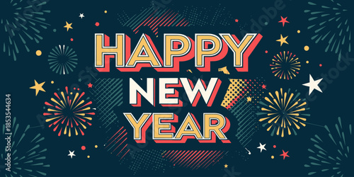 Vibrant Happy New Year celebration with fireworks and stars