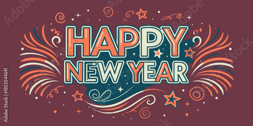 Vibrant Happy New Year celebration graphic with fireworks and stars