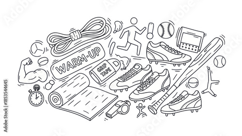 Sports and fitness equipment line art illustration for health and exercise