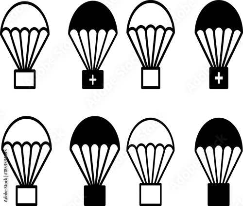 A collection of black and white parachutes with target symbols below