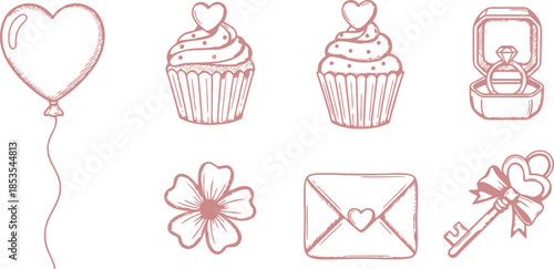 Romantic Wedding Doodles: Hearts, Cupcakes, and Love Symbols