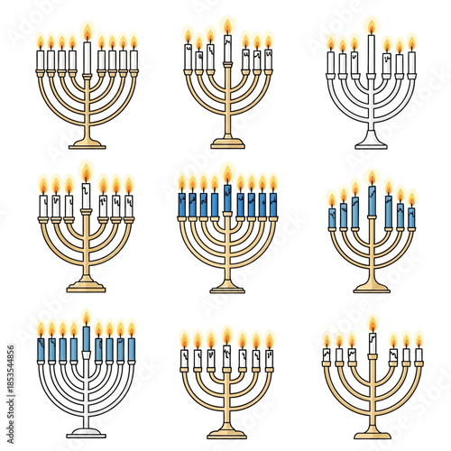 Collection of traditional Jewish menorahs with lit candles in various styles