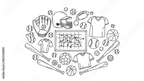Sports equipment and gear illustration in black and white isolated design