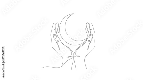 Continuous Line Drawing of Hands Holding Crescent Moon