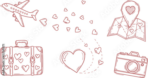 Romantic Travel Icons with Hearts for Love and Adventure