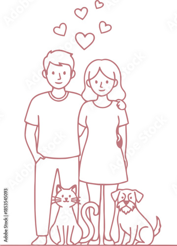 Hand-Drawn Couple with Pets: Love and Companionship Illustration