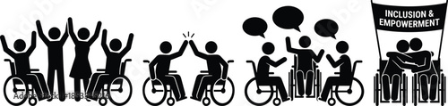 Silhouettes of inclusion and empowerment, wheelchair users, group celebration, high-five, conversation, hugging, black figures, disability unity, accessible community, white background