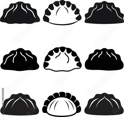 A collection of simple black and white dumpling icons in various arrangements
