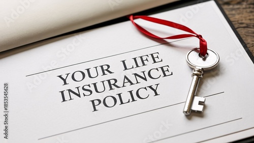 Life insurance policy with key on red ribbon and important document