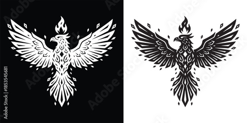 Symmetric Phoenix Bird Logo with Detailed Wings and Flame Crest