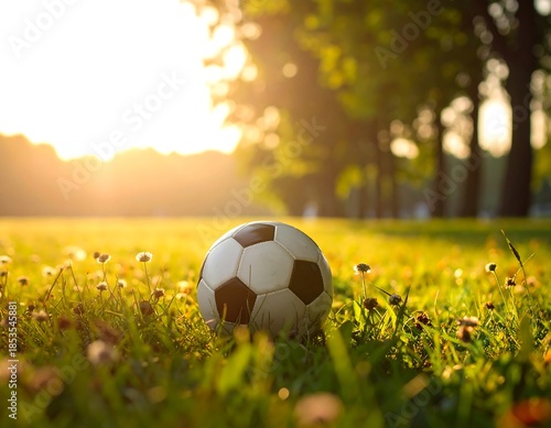 Close-up of soccer ball in a grassy field with the setting sun shining