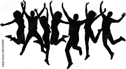 Silhouettes of people jumping in joy, black figures, arms raised, celebration pose, expressive movement, group energy, happiness, freedom, white background, dynamic posture