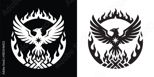 Phoenix Emblem with Star and Circular Fire Frame Logo