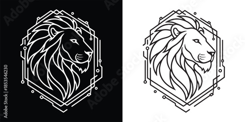 Lion Head Profile Logo with Hexagon Technology Circuit Board Lines