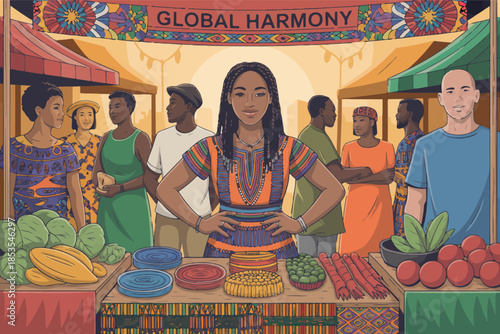 Colorful illustration of Hindu god Ganesh at a temple in Nepal and a Buddhist Thai house, where children draw art stories on a wall