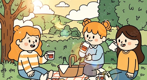 Three Happy Girls Enjoying a Sunny Outdoor Picnic in a Lush Green Park.