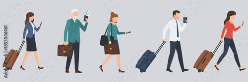 Diverse group of business people and travelers walking with suitcases, briefcases, and mobile phones. Perfect for travel, business, and commuting concepts