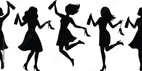 Silhouettes of women shopping, holding bags and shoes, black figures, fashion celebration, high heels, dresses, joyful pose, retail excitement, white background