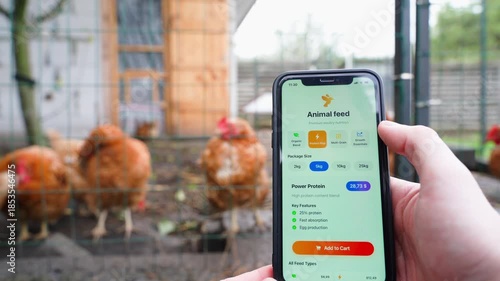 Farmer standing near chicken coop and ordering feed for them in mobile app, close-up