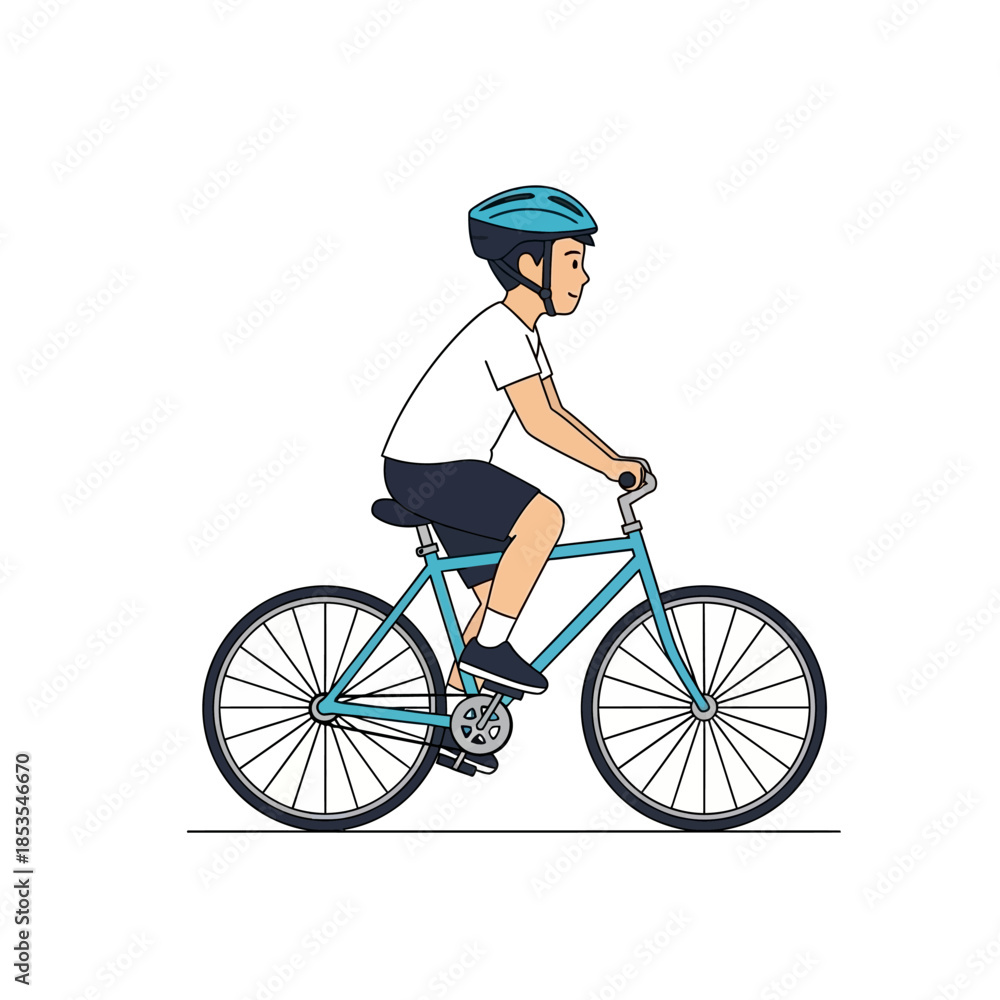 Obraz premium A young boy riding a blue bicycle in a simple cartoon illustration