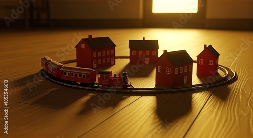 Toy train set with red houses on a wooden floor illuminated by a warm light from a window.