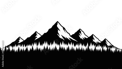 Black and white mountain range silhouette with a dense forest below