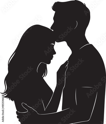 Man kissing woman's forehead silhouette, intimate and tender pose, solid black vector illustration, clean lines