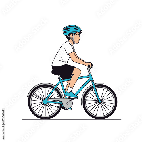 A young boy riding a blue bicycle while wearing a matching helmet