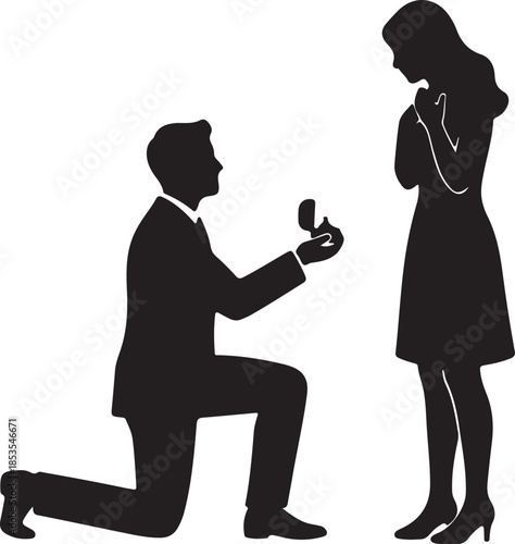 Man proposing to a woman on one knee silhouette, iconic romantic pose, solid black vector