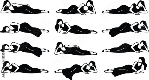 Side-sleeping posture illustrations, twelve poses, black dress figure, ergonomic rest, sleep position variety, comfort analysis, white background, health study silhouette