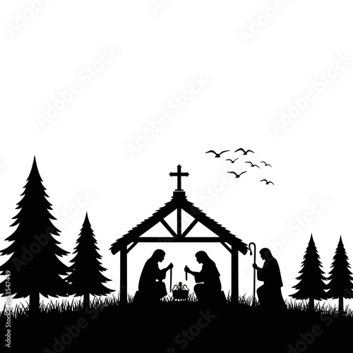 A silhouette of the nativity scene with the holy family and shepherds