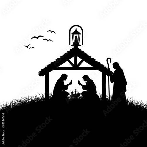 Silhouette of the nativity scene with holy family shepherds and birds