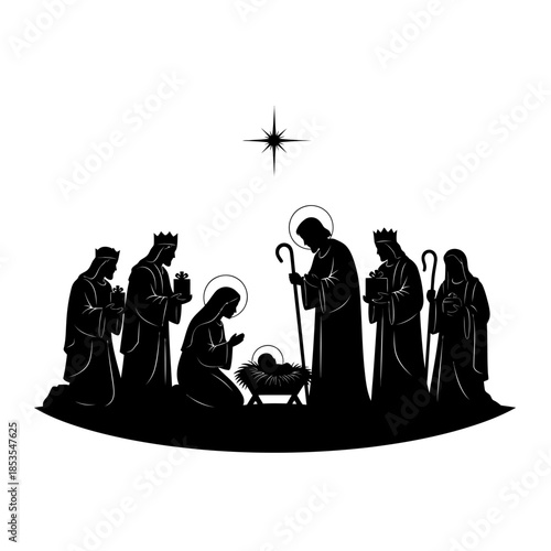 Nativity scene depiction the holy family and wise men under a star