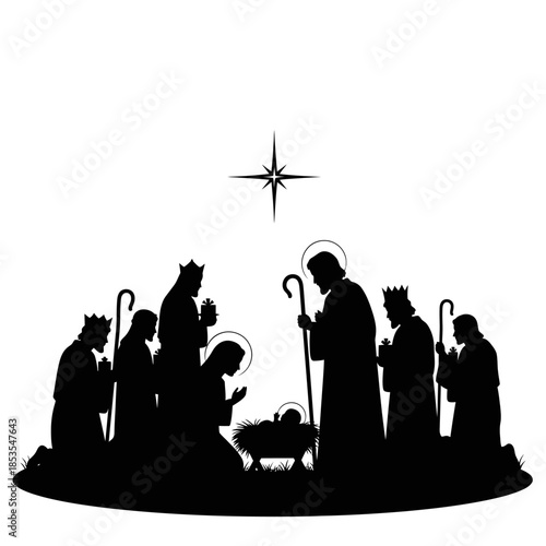 Silhouette of the nativity scene with the three wise men and star
