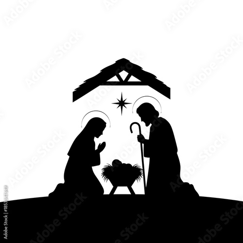 A silhouette of the nativity scene with mary joseph and baby jesus