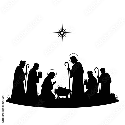 Silhouette depiction of the nativity scene with the three wise men and jesus