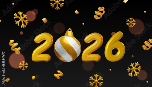 2026 New Year gold balloon numbers with Christmas ornament. Festive 3D illustration on black background. Winter holiday celebration concept