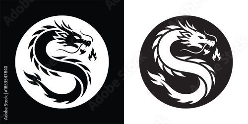 Mythical Dragon Silhouette in Circular Graphic Emblem