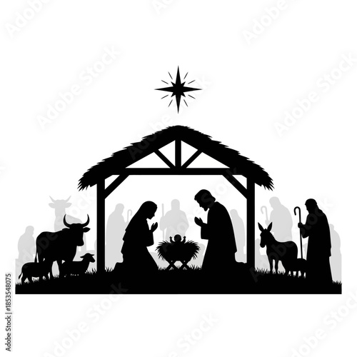 A silhouette of the nativity scene with the holy family and animals