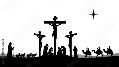 Silhouette of crucifixion scene with shepherds and wise men visiting