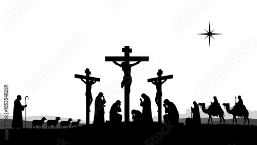 Silhouette depiction of the nativity scene with crosses and wise men