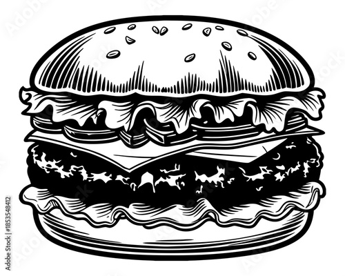 luxury realistic flat cheeseburger illustration, soft glossy bun, layered beef patty, melted cheese and fresh lettuce, clean flat shadows with realistic depth, premium fast food artwork